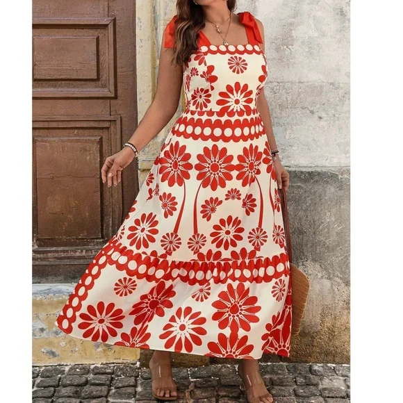 Plus Floral Print Shirred Bodice High Waisted Shoulder Tie Maxi Dress - Picture 5 of 6